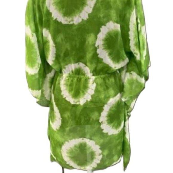 MICHAEL KORS Green & White Tie Dye Print Kimono Flowy Tunic Blouse NWT  $90.00 - Picture 3 of 4